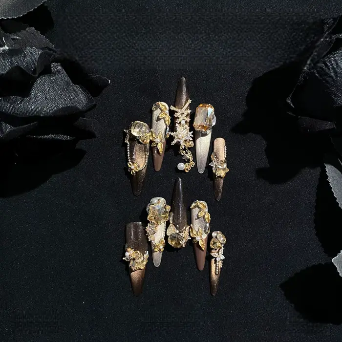 Faux ongles à chaîne sculptée œil de chat jaune café, faits à la main, dégradé de paillettes fines,