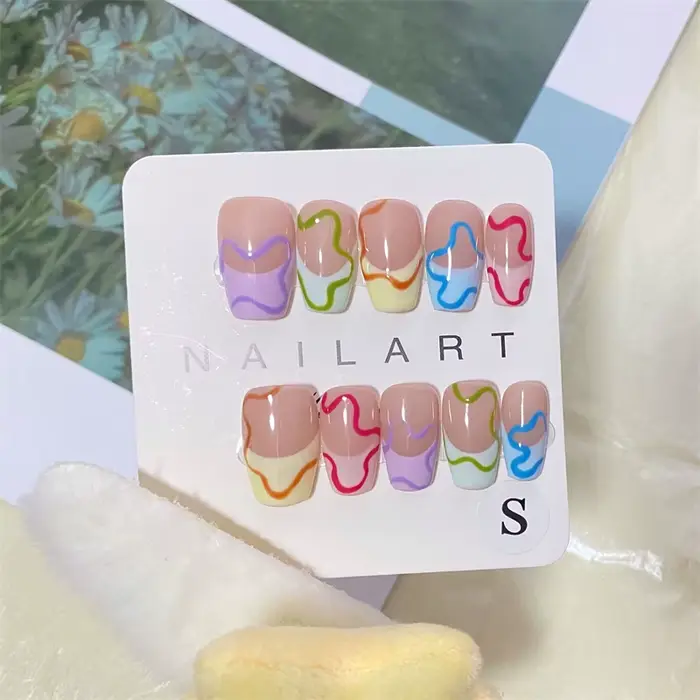 10 pièces à la main coloré français presse sur ongles Macarone Puzzle conception faux
