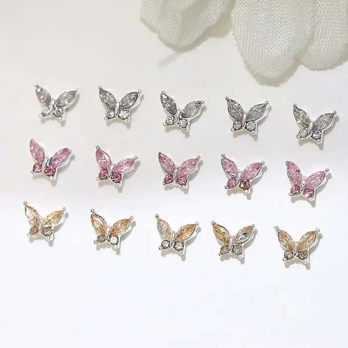 Mini breloques papillon en cristal pour Nail Art, diamant 3D, pièces de bijoux, rose, métal clair, m