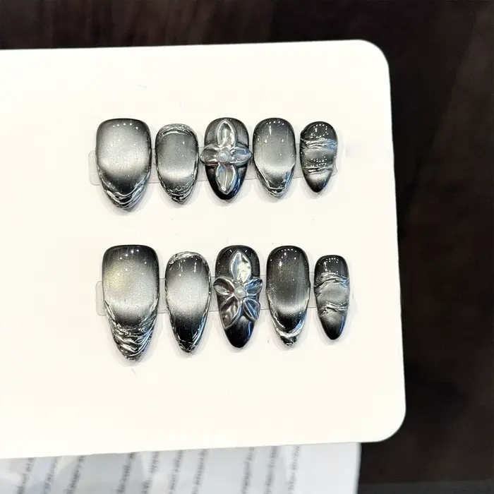 10 pièces faux ongles faits à la main avec dégradé rose vert court amande presse