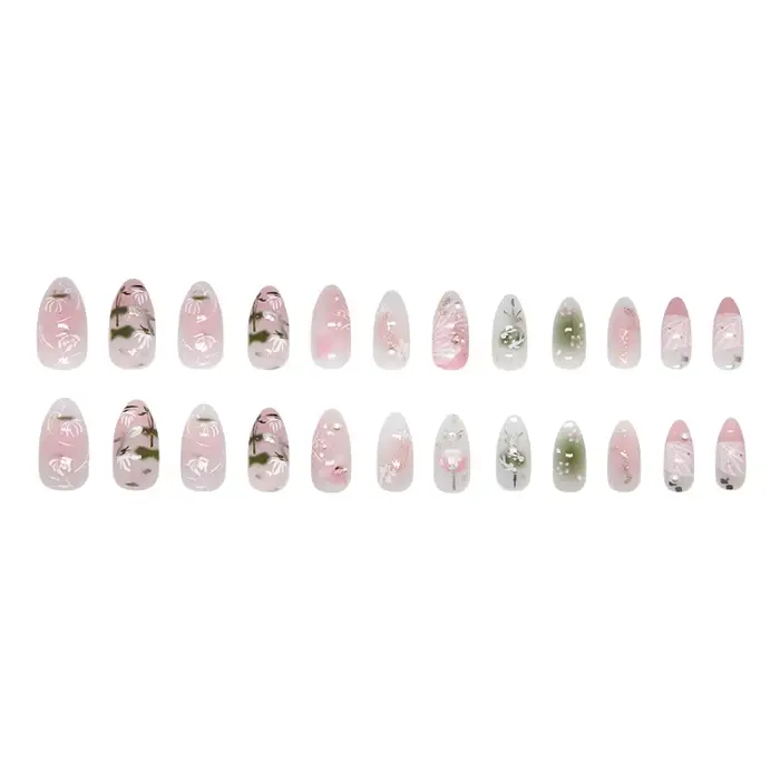 24 pièces douce amande faux ongles conseils peint à la main fleur perle motif Blush rose presse sur 