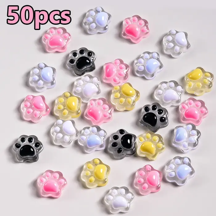 50 pièces de breloques lumineuses pour ongles en forme de pattes de chiot et de chat, décorations 3D pour nail art, accessoires