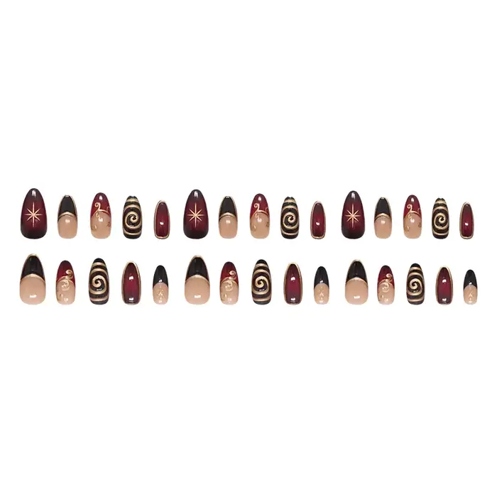 24 pièces lignes dorées modèles faux ongles violet foncé Blush français