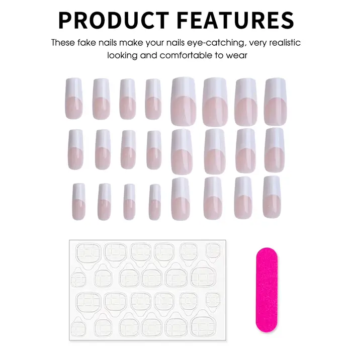 Manucure à charme Simple 24 pièces faux ongles français blancs couleur chair longueur moyenne presse carrée