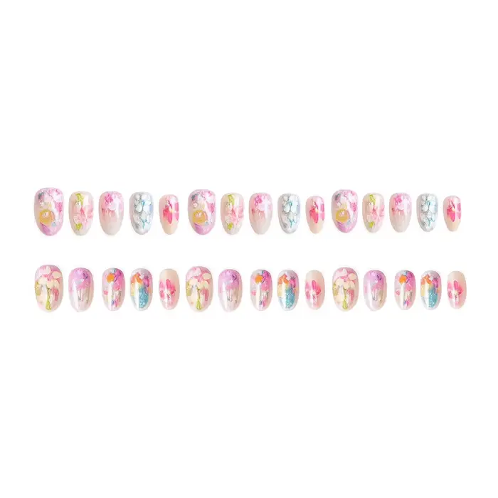 24/30 faux ongles à presser, motif floral aquarelle, courts et ovales, pour femmes, décoration florale printemps-été