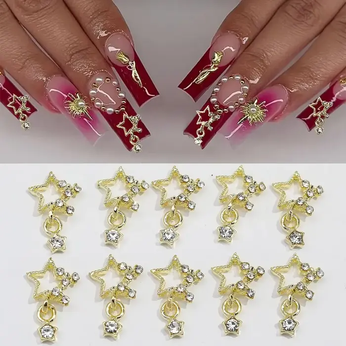 Couronne de cœur exquise 3D, strass à cinq branches, breloques pour ongles, bijoux de luxe en or/arg
