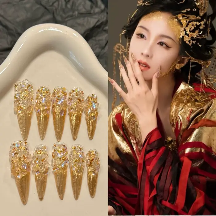 Faux ongles Stiletto en or brillant fait à la main, faux ongles de cour rétro, décor de diamant, lux