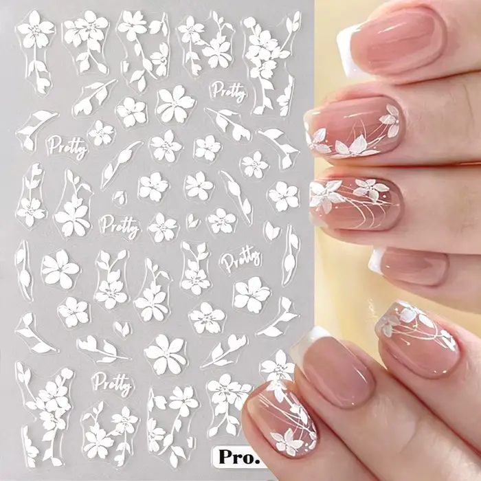 Autocollants 3D pour Nail Art, 2 pièces, fleurs blanches, feuilles de fleurs Sakura, décorations d'o