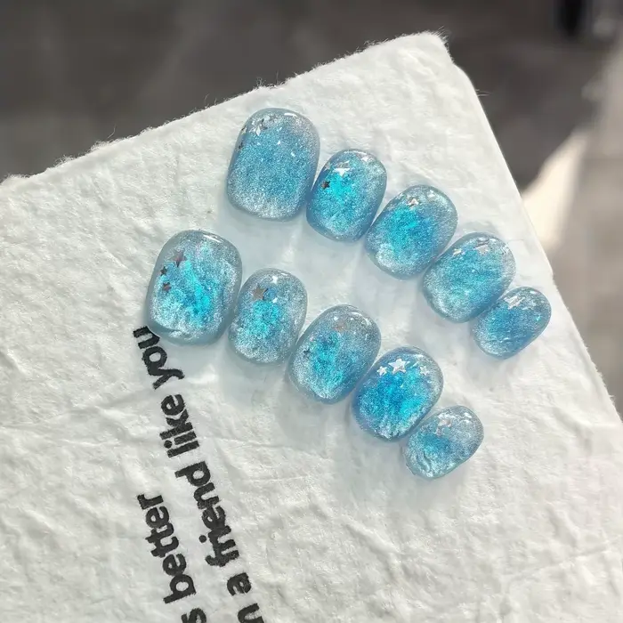Faux ongles à pression faits à la main, bleu glace, étoile d'océan, Texture transparente, pour femme