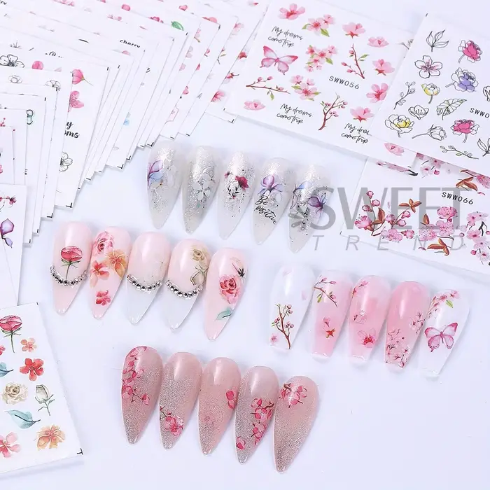 Autocollants à l'eau pour ongles, fleur de Sakura, fleurs de cerisier roses, feuille florale, concep