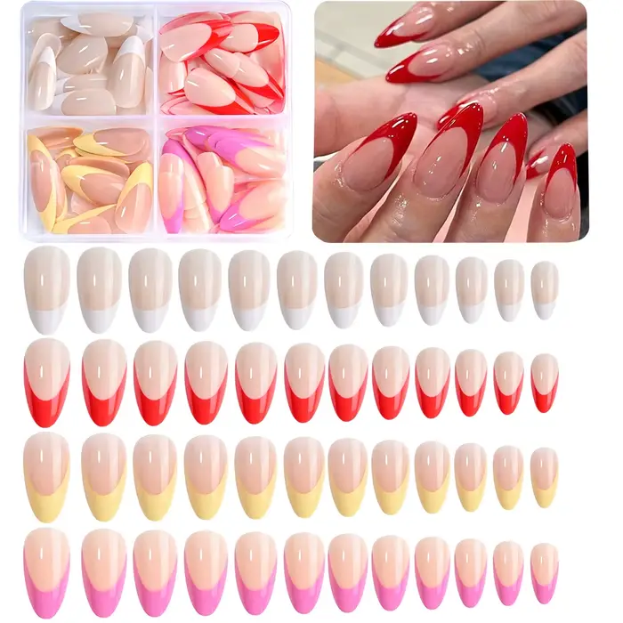 96 pièces/boîte mixte moyen amande français faux ongles blanc/rouge/rose/jaune