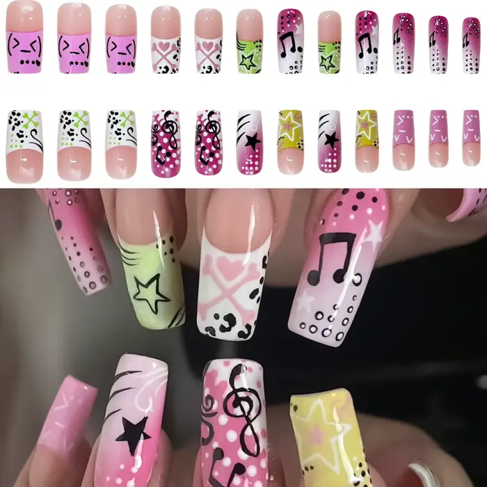 24 pièces Y2K fille style faux ongles Note musicale motif étoile longue cercueil