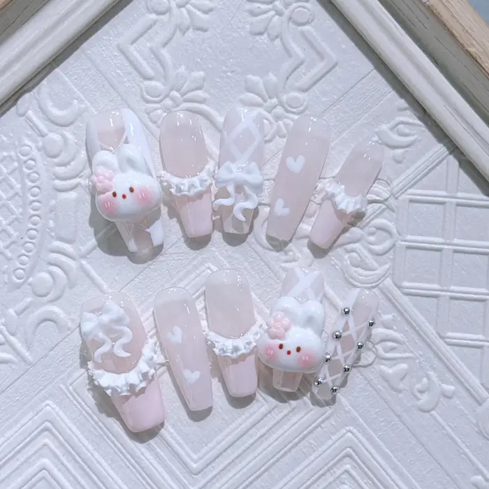 Faux ongles longs et amovibles faits à la main réutilisables simples doux français rose girly jupe e