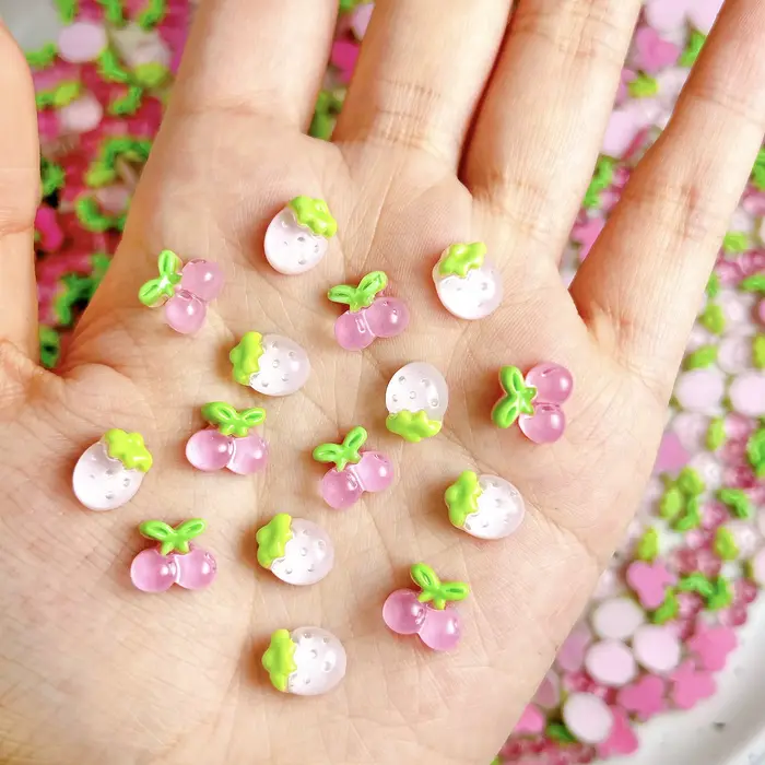 30 pièces simulé mignon gelée cerise résine Nail Art breloques 3D doux rose fraise décorations d'ongles pour bricolage
