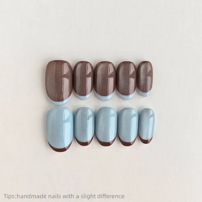 10 pièces à la main marron bleu oeil de chat presse sur ongles court couverture complète portable ré