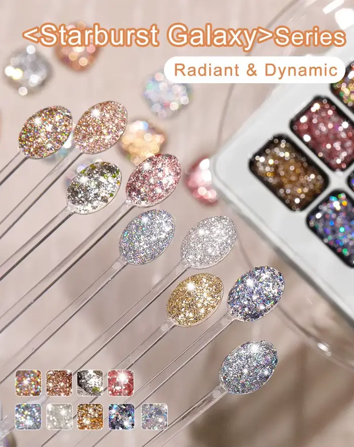 Lot de 9 couleurs – Série Galaxie Étoilée – Vernis à ongles semi-permanent en gel adhésif pailleté
