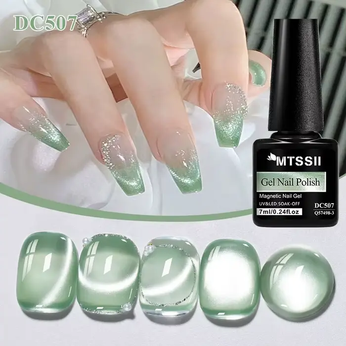 Vernis à ongles magnétique semi-permanent Mint Mambo Cat effet gelée avec perles de verre, gel UV à 