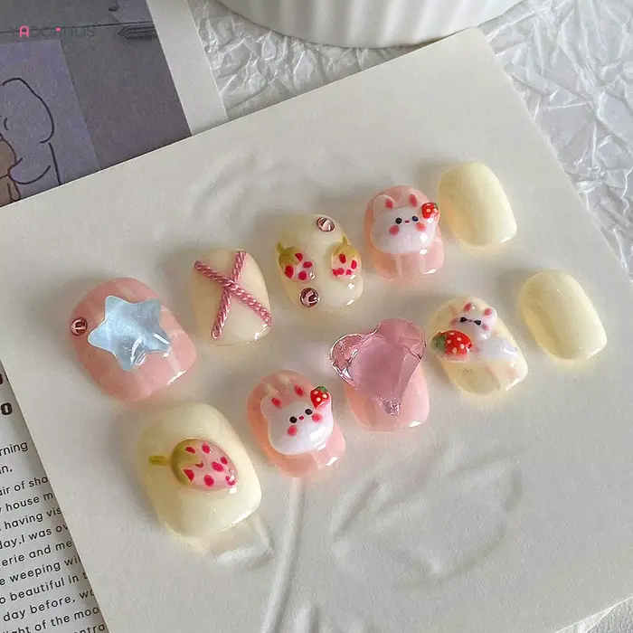 Faux ongles faits à la main, fraise rose, lapin mignon, diamant conçu, courts et ronds, à pression, pour femmes et filles, manucure quotidienne à faire soi-même