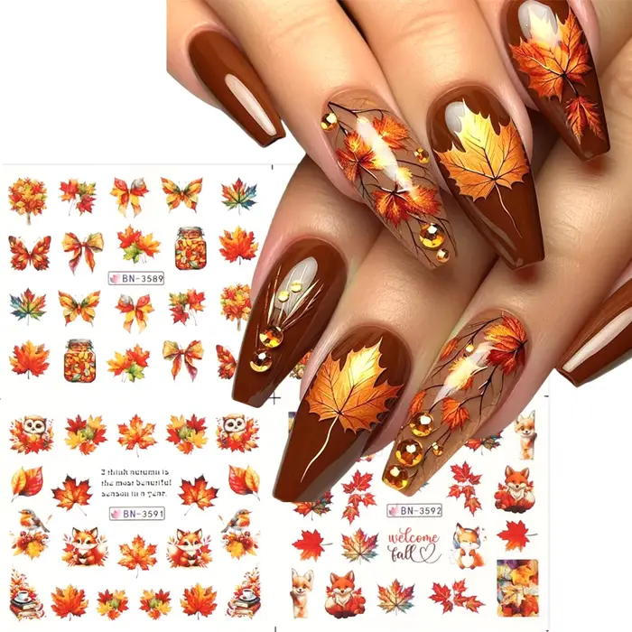 Autocollants de transfert d'eau pour ongles, feuilles d'érable d'automne, curseur, hérisson, écureuil, feuille d'automne, dinde, décorations