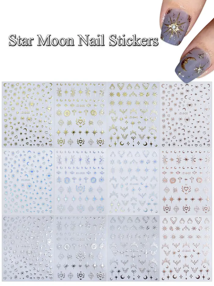 Autocollants pour ongles en or et argent, étoiles, lunes et cœurs, 6/12/24 feuilles, autocollants 3D