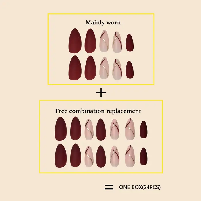Femmes filles 24 pièces/ensemble forme de goutte moyenne français rouge or ligne Surface mate couverture complète portable faux ongles presse sur Nail Art