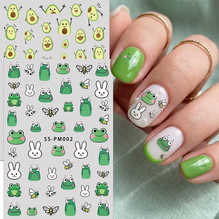 Autocollants pour ongles mignons en forme de grenouille de dessin animé et d'avocat