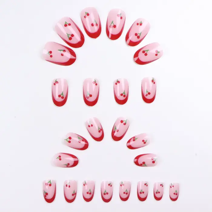 Faux ongles ovales courts à bord français rouge