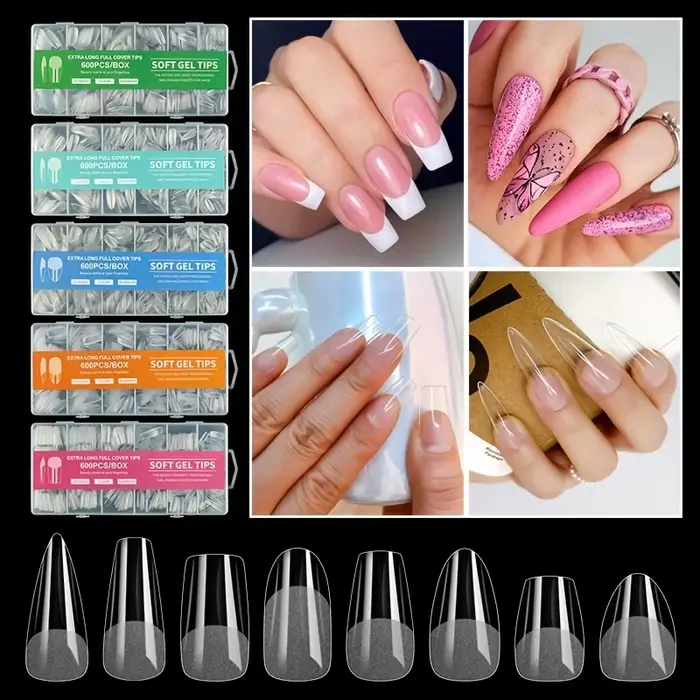 240 et 600 autocollants pour ongles ovales/balète/amande/carrés mats transparents