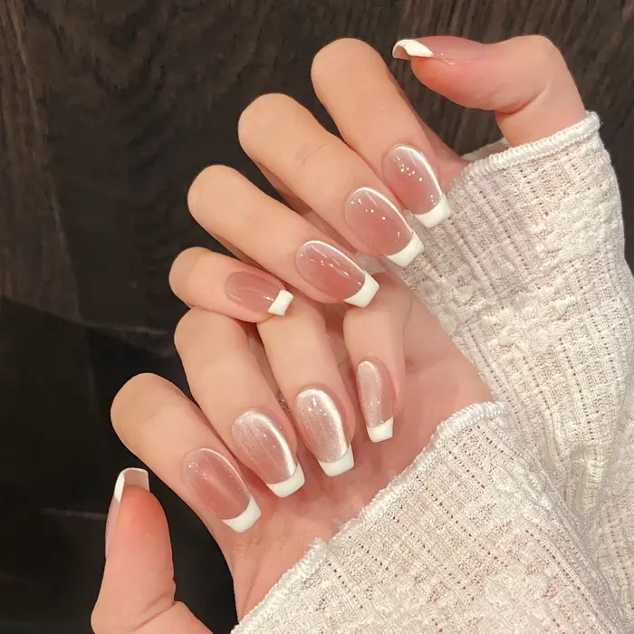 Ballet lait blanc français fait à la main faux ongles portable amande Blush dégradé