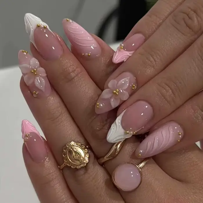 24 pièces à la mode 3D sculpté fleur faux ongles rétro rouge à pois français presse sur ongles détac