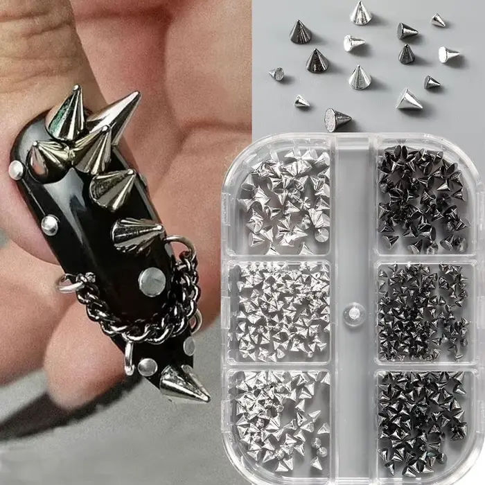 Breloques à Ongles en Forme de Cône D.lique, 6 Grilles, Noir, Argent, 1.5-3.5mm, Punk, Or, Rivet, Po
