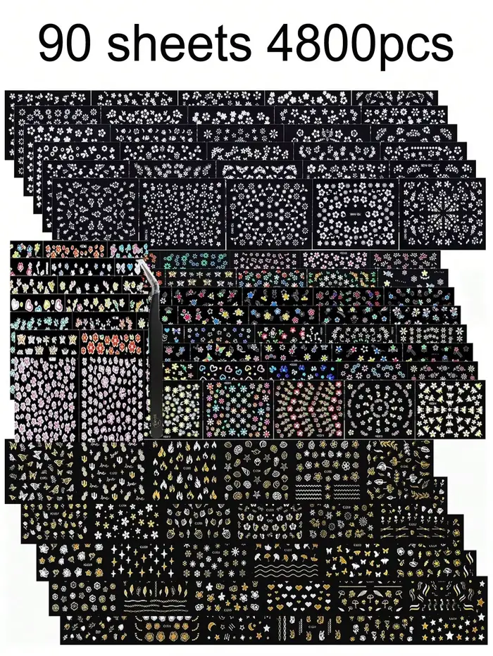 90 Blatt 3D Y2K Nail Art Aufkleber, 4800 Stücke Aufkleber 3D selbstklebende wei oder Blumen autocoll