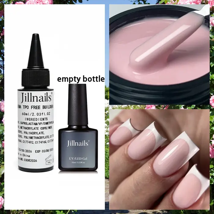 Jillnails Gel de Construction Liquide Vernis en Bouteille 60ML Recharge Transparent Blanc Laiteux Rose Sans HEMA Sans TPO Sans Chaleur 60g/10g