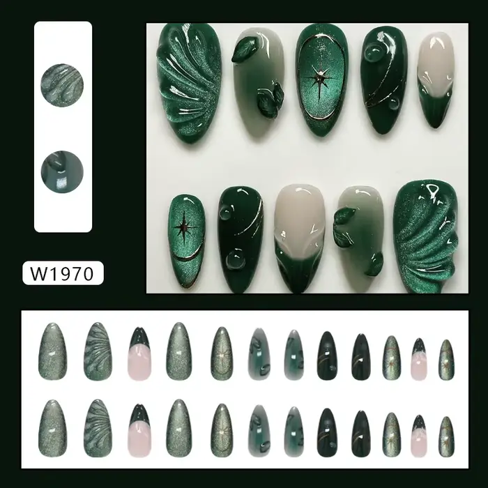 Faux ongles à presser Amande Vert foncé Effet œil de chat 3D Motif feuille ondulée French Manucure f