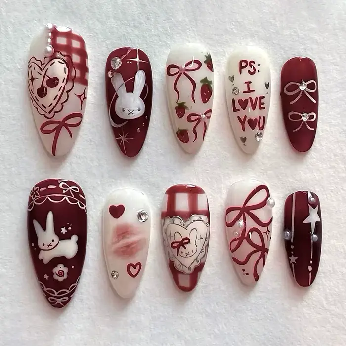 Nail art Lapin et Vin, Faux ongles Nœud Papillon Jeunesse et Douceur, Nail art Lapin Fraise Peint à 
