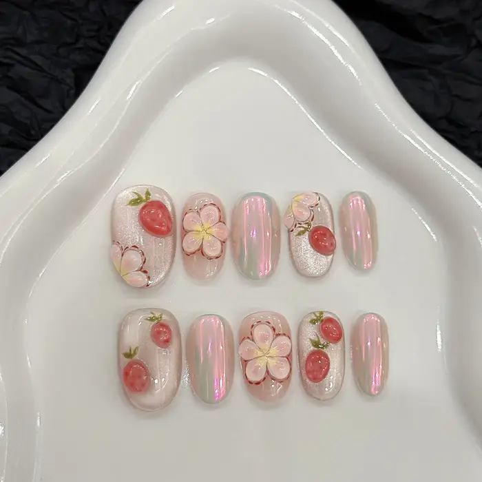 10 pièces court fait à la main rose presse sur les ongles printemps français strass couverture complète faux
