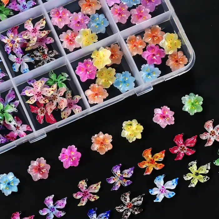 72 pièces/boîte Hawaii Hibiscus Lily Floral Nail Art breloques 3D gelée colorée cristal doux fleur décoration des