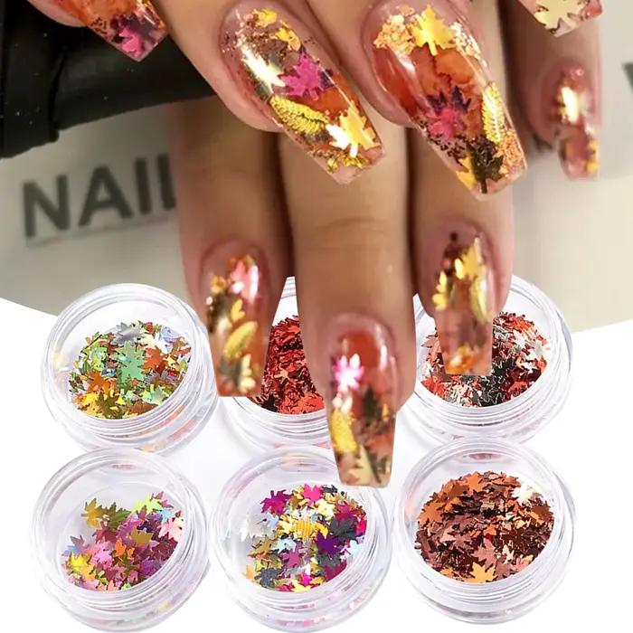 6 boîtes de paillettes pour ongles en forme de feuille d'érable dorée, paillettes holographiques en forme de feuille d'automne, flocons de paillettes multicolores, décorations pour manucure