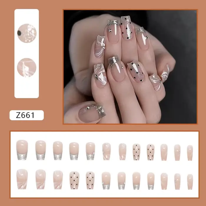 24 faux ongles argentés style français vintage, tendance printemps-été, à coller, pour filles, avec 