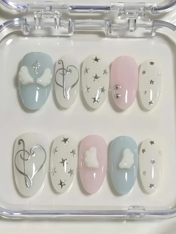 10 faux ongles en forme d'amande, faux ongles à presser motif ailes de cœur musical rose et bleu, faux ongles à presser motif ailes de cœur musical rose et bleu, nail art de style coréen Ins-Style