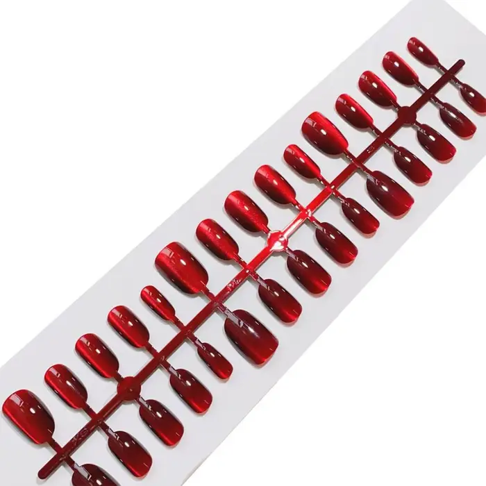 30 pièces brillant rouge oeil de chat presse sur ongles couverture complète couleur nue portable amande faux