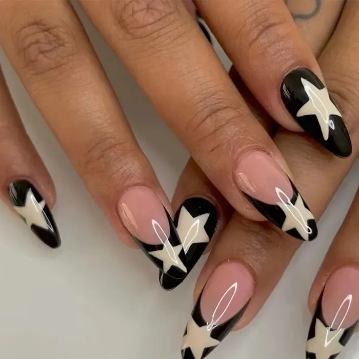 24 pièces de longs ongles français Black Edge Star avec 1 gel de gelée et 1 lime