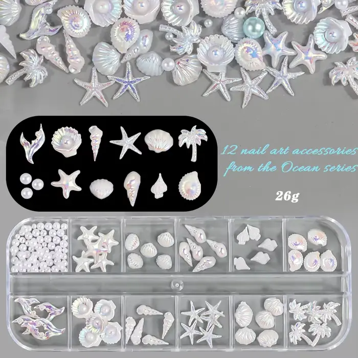12 compartiments de décorations pour nail art style océan estival, en coquillages naturels d'ormeau 