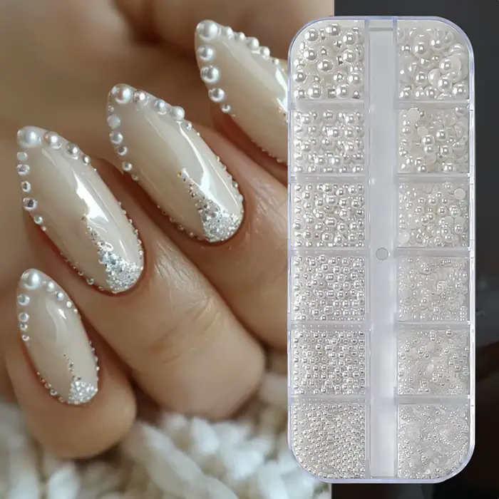 Perles Rondes Blanches pour Ongles, Breloques, 12 Grilles (0.15-0.5cm), Caviar, Bijoux, Demi-Ronde,
