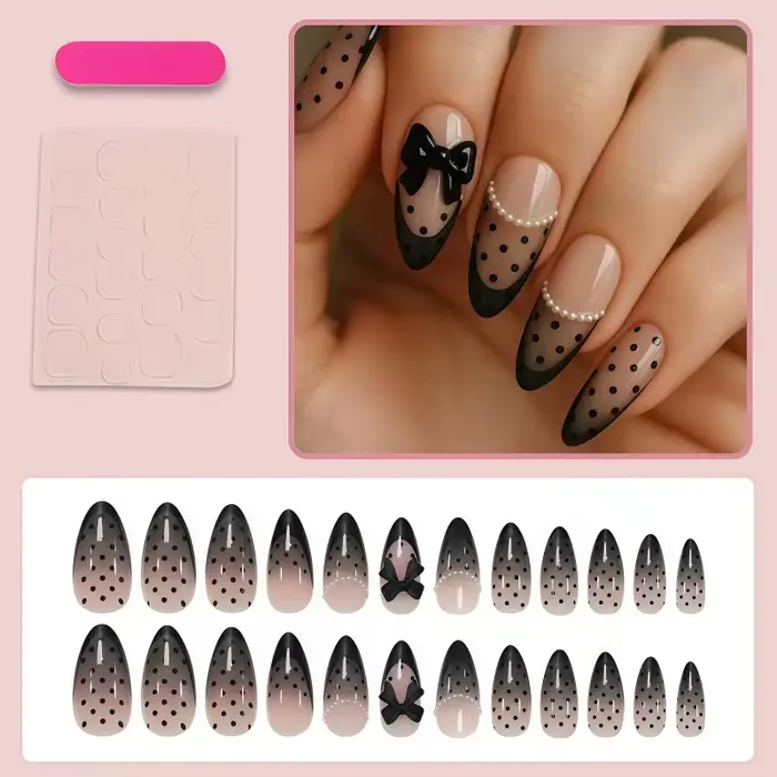 24 faux ongles noirs à pois