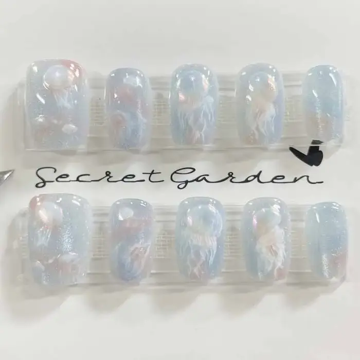 10 pièces femmes filles rêveur queue de poisson méduse nouveau fait à la main oeil de chat presse sur ongles détachable
