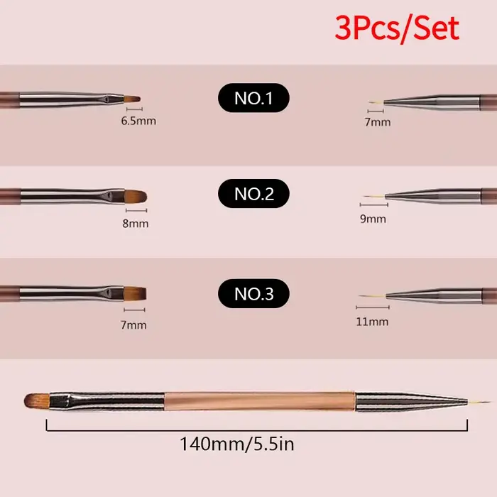 Lot de 3 pinceaux de manucure double usage, pinceau dégradé pour gel, stylo ultra fin pour dessin de