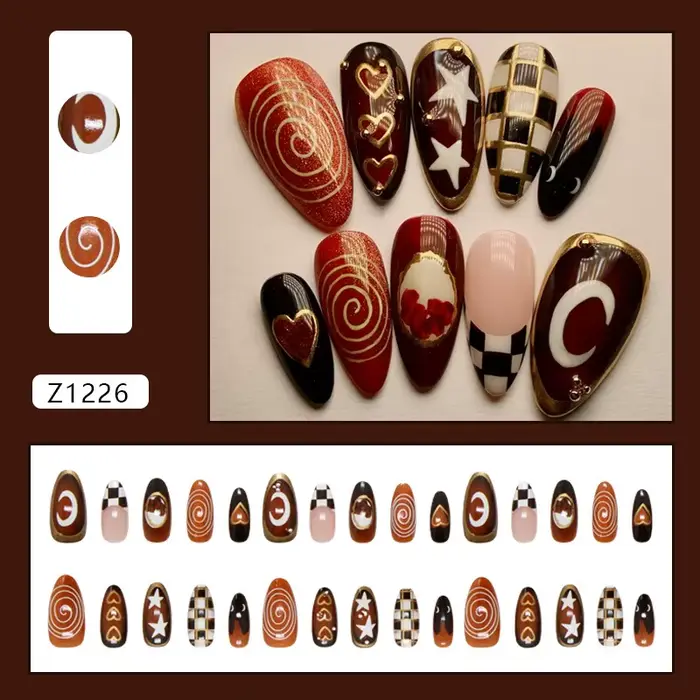24 faux ongles noirs motif lune et étoile avec carreaux marron