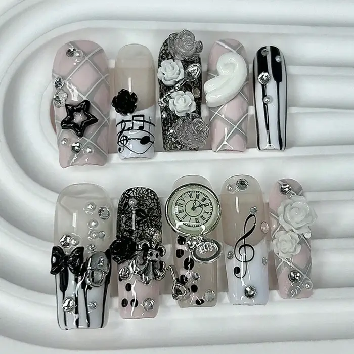 Notes musicales rétro Vintage mignon rose français à la main presse sur les ongles 3D