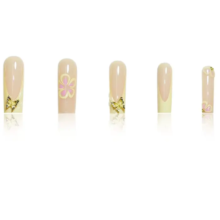 Faux ongles en forme de cercueil, longs et frais, jaune, Style français, fleur imprimée, motifs papi